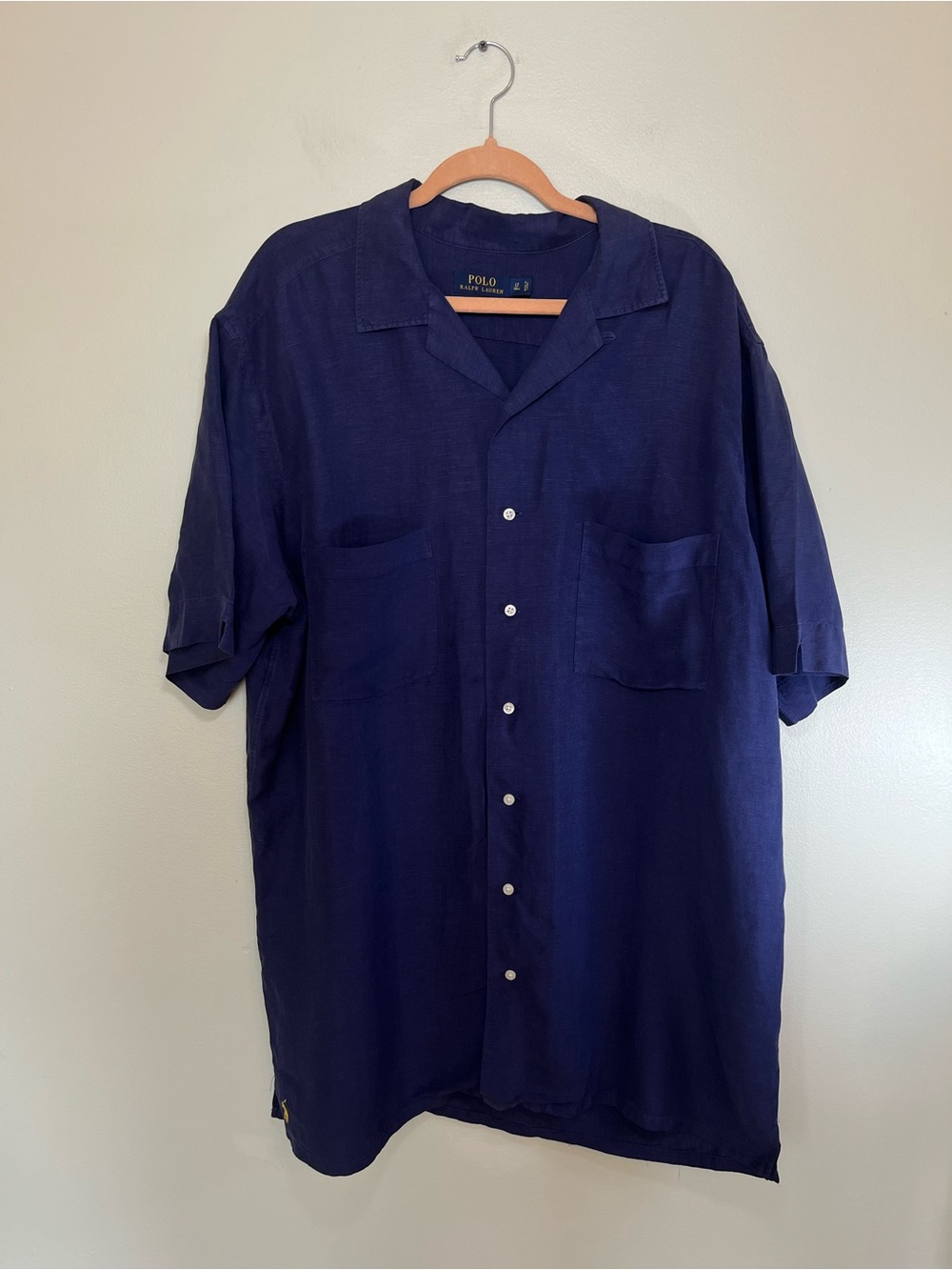 Vtg Polo Ralph Lauren Linen Silk Camp Shirt Blue Resort Casual Mens LT